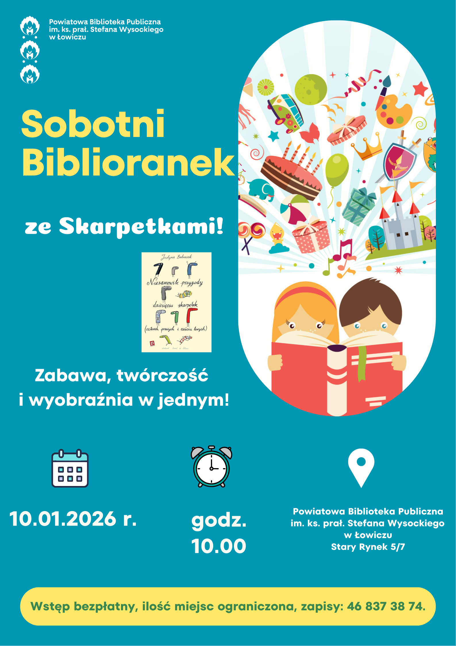 Plakat informujący o zajęciach dla dzieci w bibliotece: Sobotnie Biblioranki