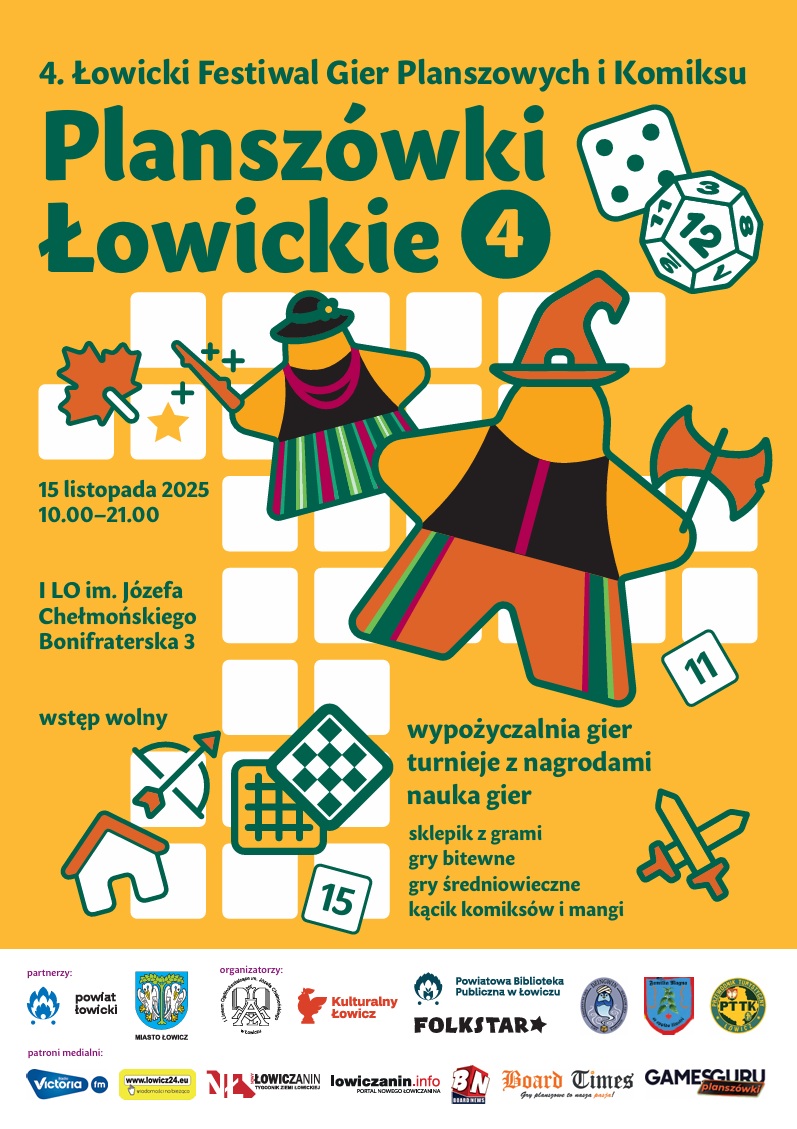 Plakat informujący o 4. Łowickim Festiwalu Gier Planszowych i Komiksu