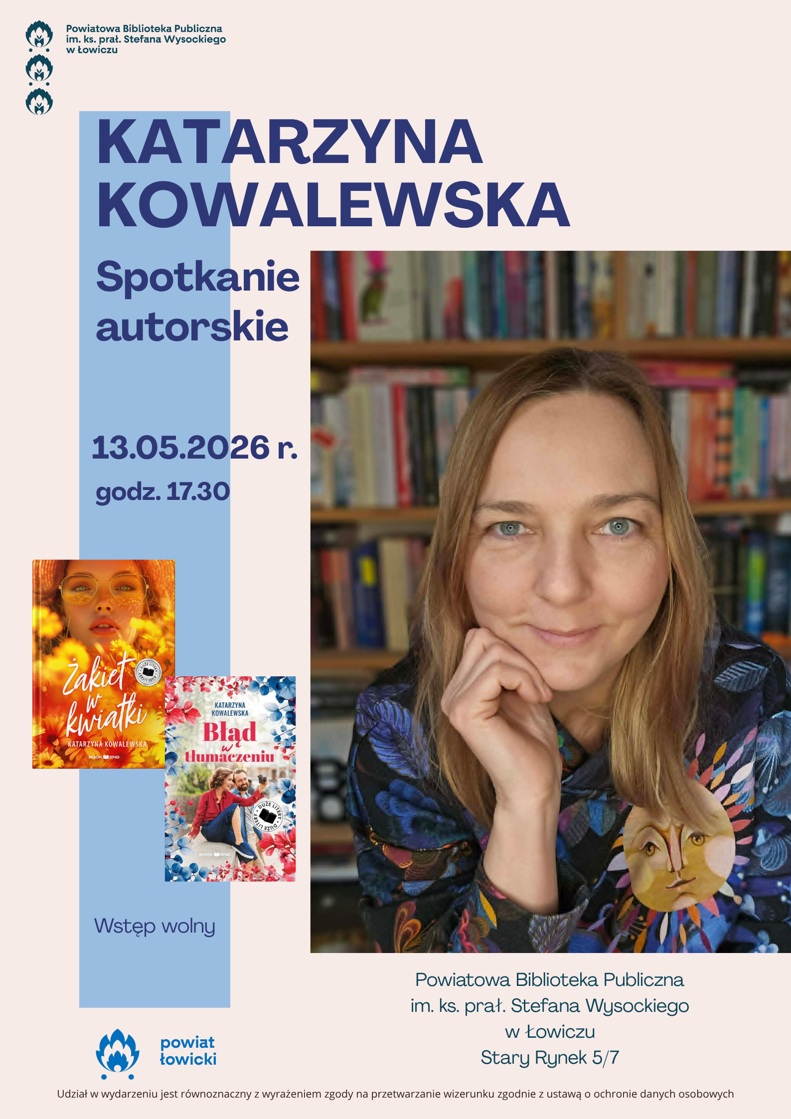 Plakat promujący spotkanie autorskie z Katarzyną Kowalewską